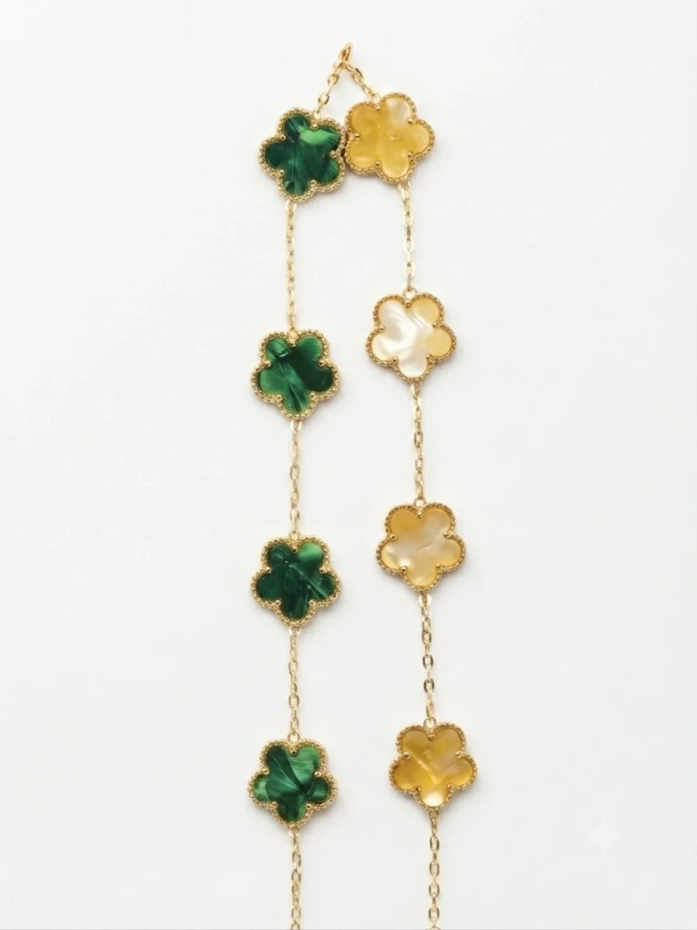 Gold Chain Necklace with Green and Yellow Clover Pendants